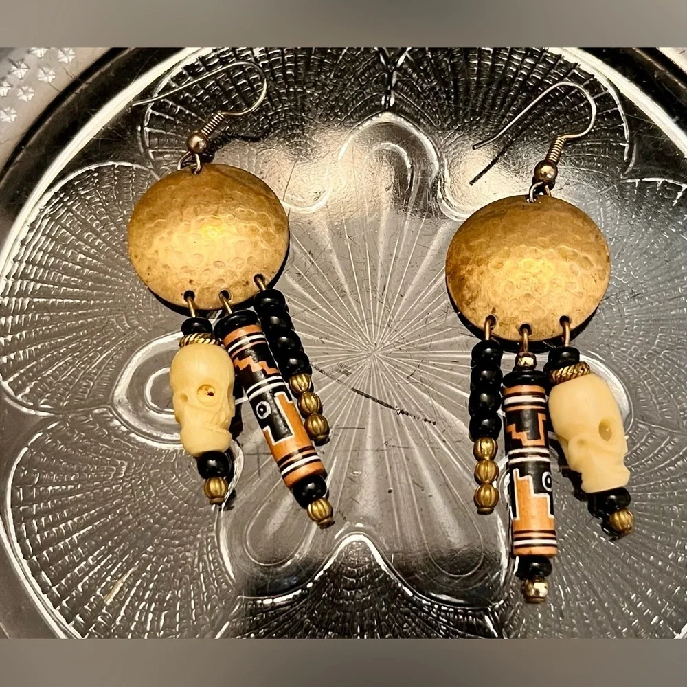 Peruvian Handmade Boho Tribal Skull Dangle Earrings Mixed Media Gold Black